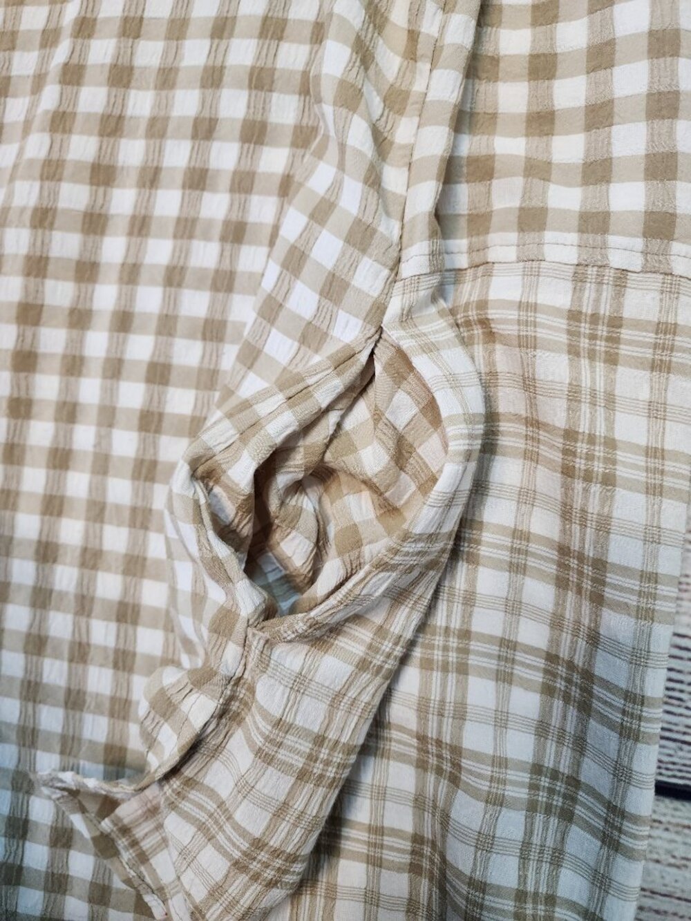 Susan Graver 2XL Yarn Dyed Gingham Button Front Shirt Tunic Raffia Tan Patchwork - Picture 10 of 12